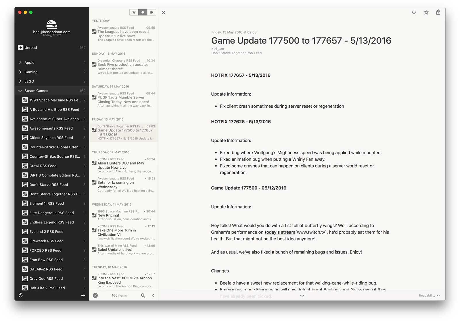 Steam RSS feeds in Reeder via Feedbin