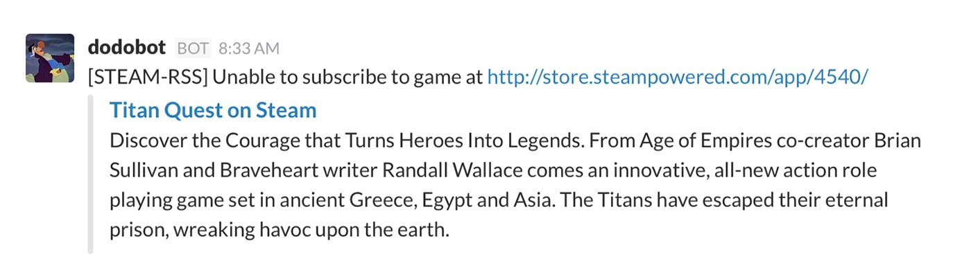 Steam RSS feed failure in Slack